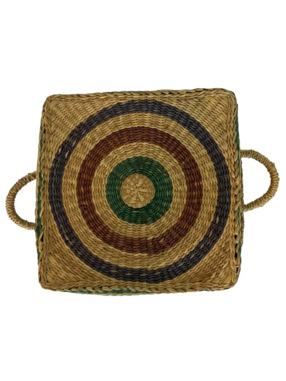 Square Bolga Basket With Lid Handles Handwoven Straw Multicolor Stripes Storage